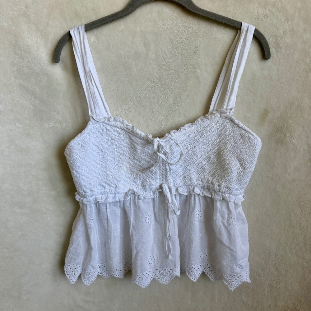 American Eagle Womens White Smocked Eyelet Lace Crop Cami Tank Top Size Med